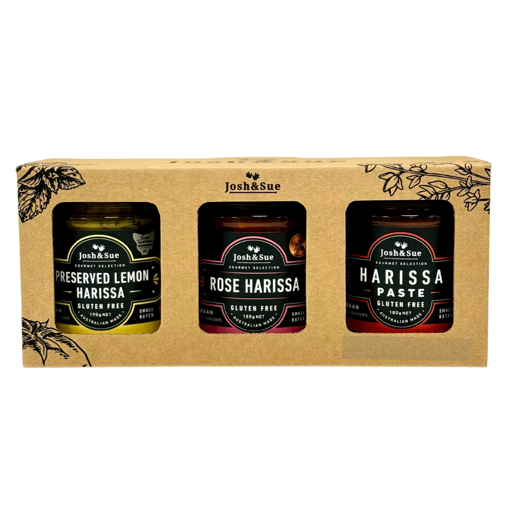 Josh&Sue 3pc Harissa Essential Ingredient gift box, including Rose Harissa, Preserved Lemon Harissa and Harissa Paste.