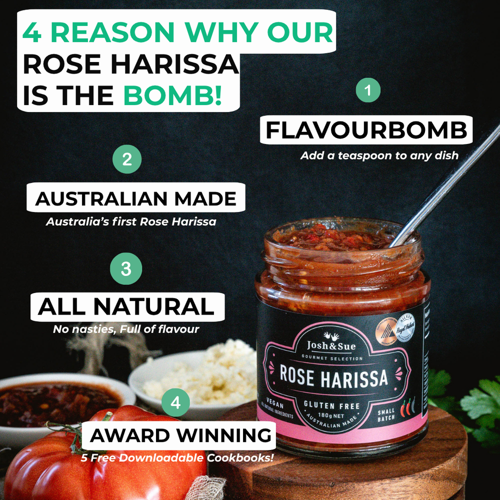 
                  
                    Jar of Rose Harissa with promotional text on a dark background
                  
                