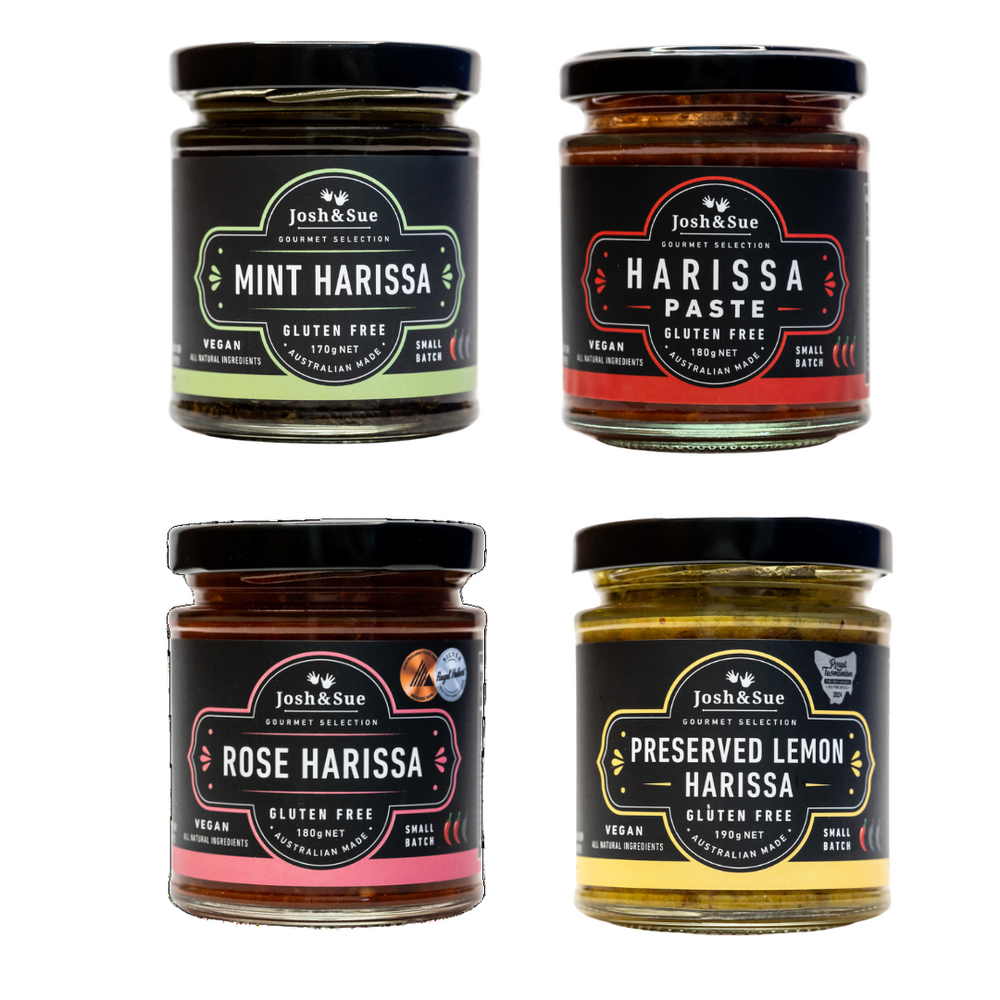 Australian Made Rose Harissa, Mint Harissa, Preserved Lemon Harissa and Harissa Paste 4 pack