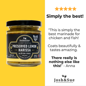 
                  
                    Jar of Josh & Sue Preserved Lemon Harissa with positive customer review on a yellow background
                  
                