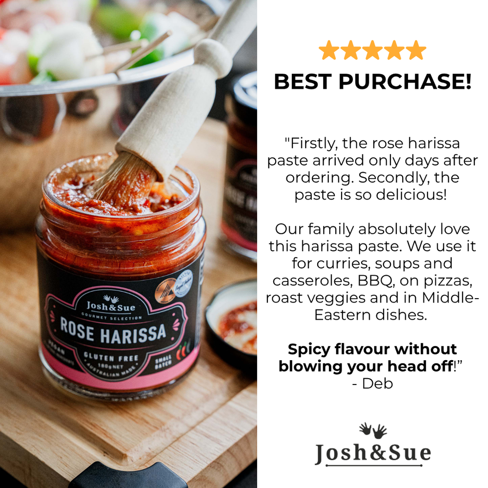Jar of Josh & Sue Rose Harissa paste with a wooden spoon, surrounded by text praising the product.