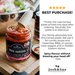 Jar of Josh & Sue Rose Harissa paste with a wooden spoon, surrounded by text praising the product.