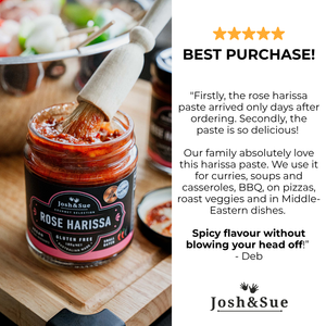
                  
                    Jar of Josh & Sue Rose Harissa paste with a wooden spoon, surrounded by text praising the product.
                  
                