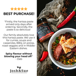 Harissa paste jar with a bowl of food and red chili peppers on a dark background, featuring customer review text.