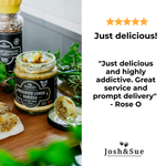 Jars of Josh & Sue preserved lemon harissa on a wooden board with herbs, and a five-star rating text.