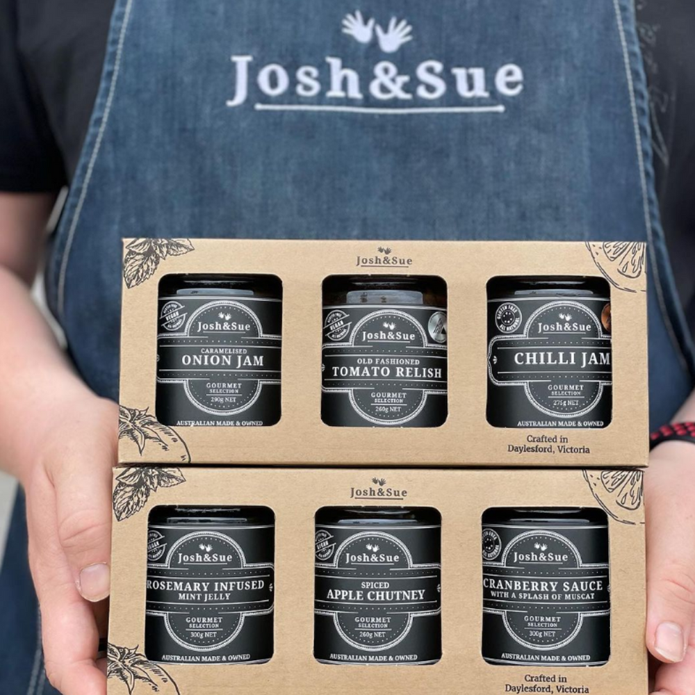 
                  
                    Josh&Sue Caramelised Onion Jam, Australian Owned and Made, crafted in Victoria, Gluten Free and Vegan, Savoury gift packs
                  
                