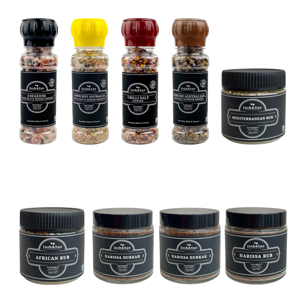 Josh&Sue flavour bombs, something for every dish. Our products have a long shelf life, they are super tasty, and the perfect way to add flavour to your cooking. Our NEW look Dukkahs and dry Rubs, they will look stunning lined up in your pantry, flavour for every occasion. Australian Rock Salts, Harissa Rub, dukkah.