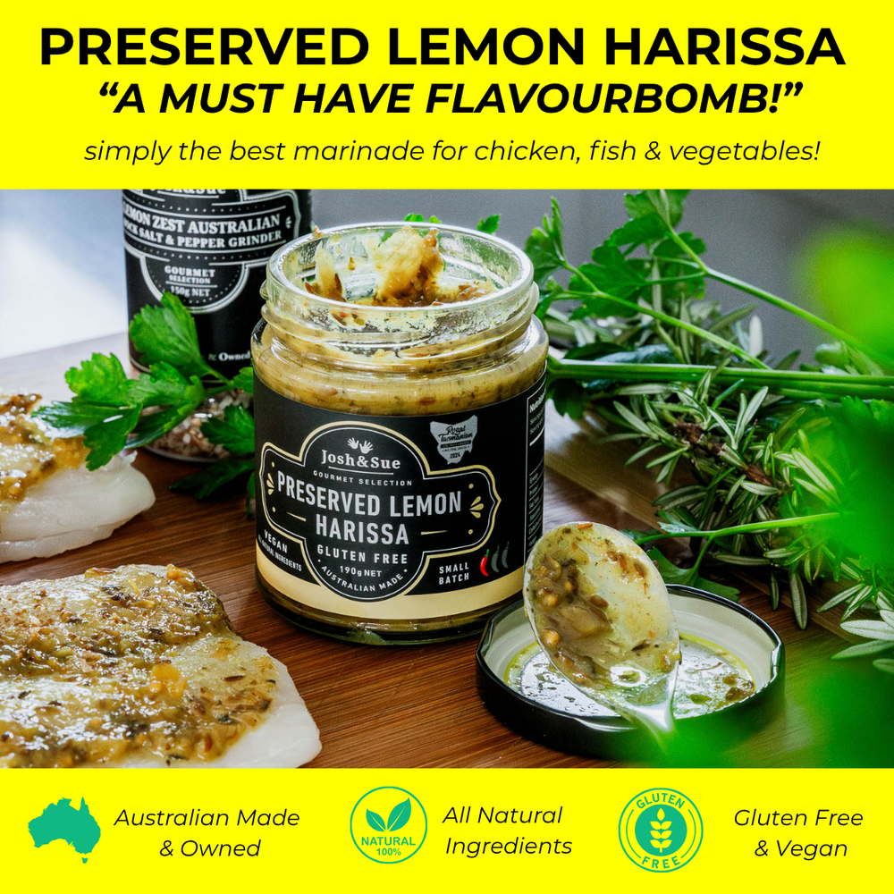 
                  
                    Jar of Preserved Lemon Harissa with ingredients on a wooden board, featuring text about its benefits.
                  
                