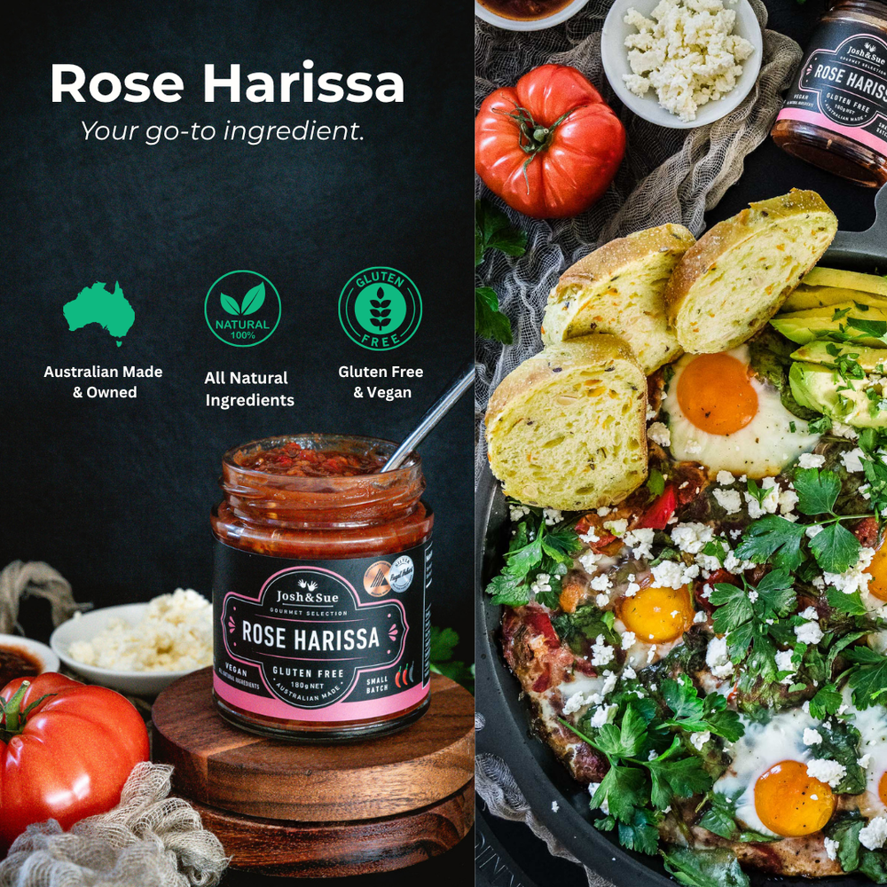 
                  
                    Rose Harissa jar with ingredients and a dish featuring eggs and vegetables.
                  
                