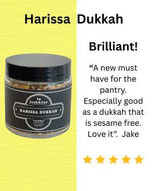 
                  
                    Jar of Harissa Dukkah with positive review text on a yellow and white background
                  
                