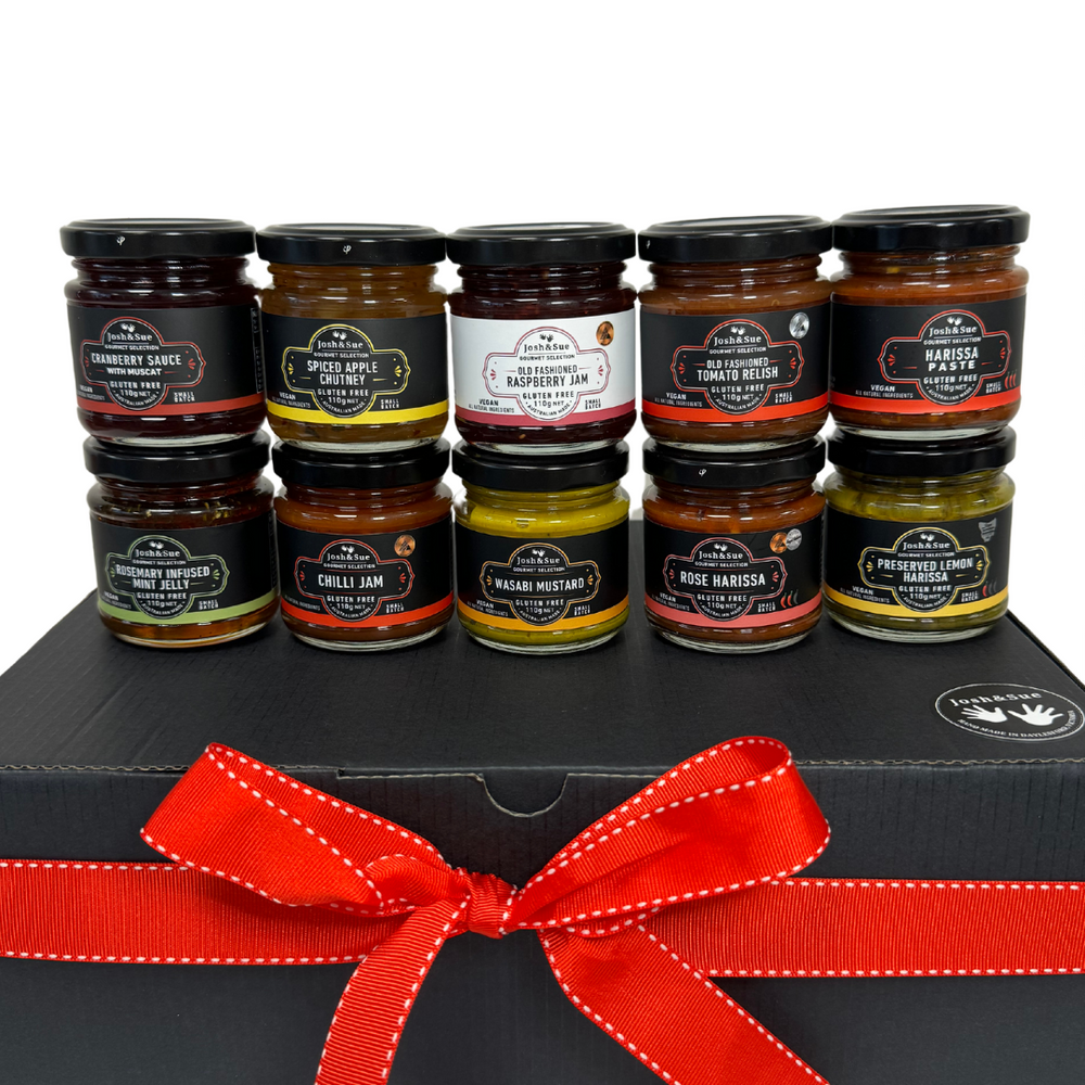 
                  
                    10pc gourmet condiments and ingredients in a gift hamper, Australian Made, gourmet food, Gourmet Food Hamper Australian, Ships Australia Wide, Award winning, gluten free gift basket, delivered Australia wide.
                  
                