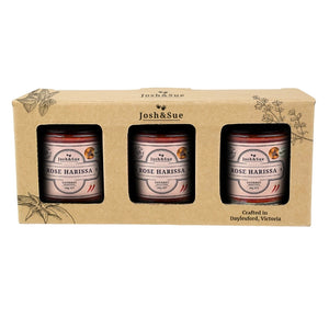 
                  
                    Rose Harissa 3 Pack, hand crafted in Victoria, it is and essential ingredient  in morrocan and middle eastern cooking.
                  
                