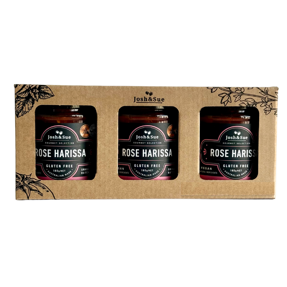 Rose Harissa 3 Pack, hand crafted in Victoria, it is and essential ingredient  in morrocan and middle eastern cooking.