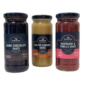 
                  
                    3 pack Sweet Sauce. Raspberry and Vanilla, Salted Caramel, Dark Chocolate
                  
                