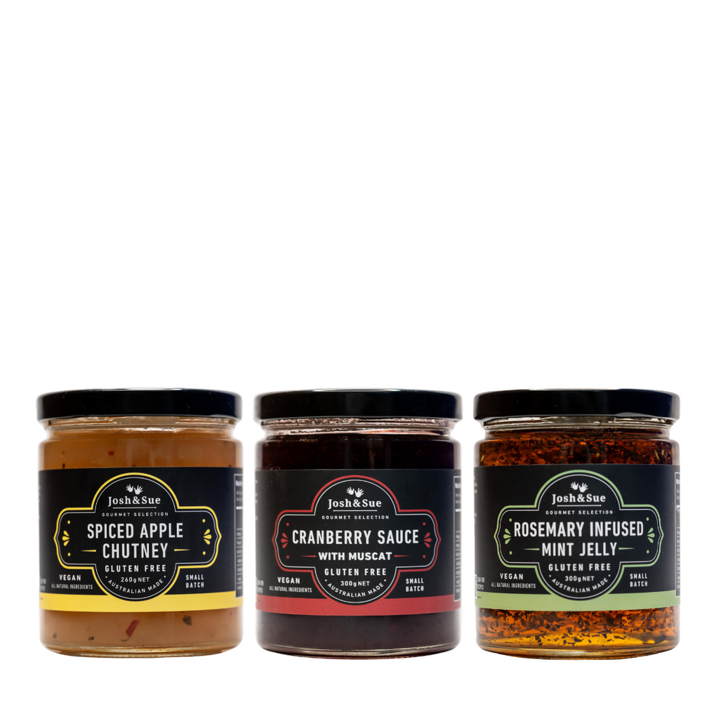 the perfect trio of condiments, Spiced Appler, Cranberry and Rosemary infused mint jelly