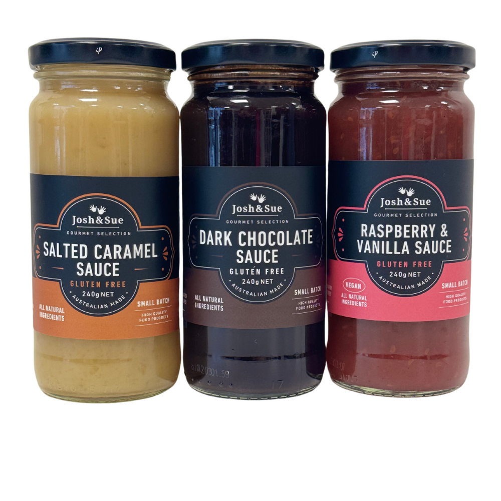 3 pack Sweet Sauce. Raspberry and Vanilla, Salted Caramel, Dark Chocolate