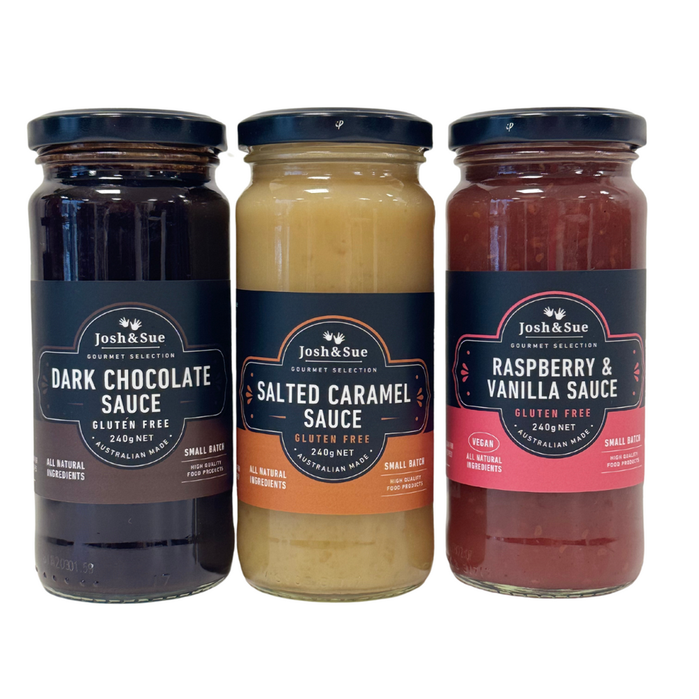 
                  
                    3 pack Sweet Sauce. Raspberry and Vanilla, Salted Caramel, Dark Chocolate
                  
                