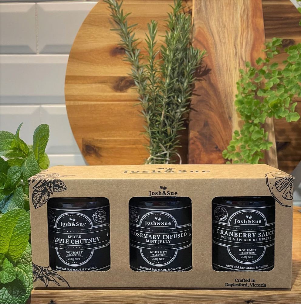 
                  
                    Josh&Sue 3pc Festive  gift box, Spiced Apple Chutney, Rosemary infused Mint Jelly and Cranberry Sauce
                  
                