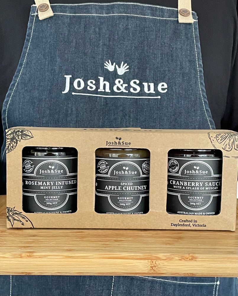 
                  
                    Josh&Sue 3pc Festive essentials gift box, Josh&Sue 3pc Festive  gift box, Spiced Apple Chutney, Rosemary infused Mint Jelly and Cranberry Sauce
                  
                